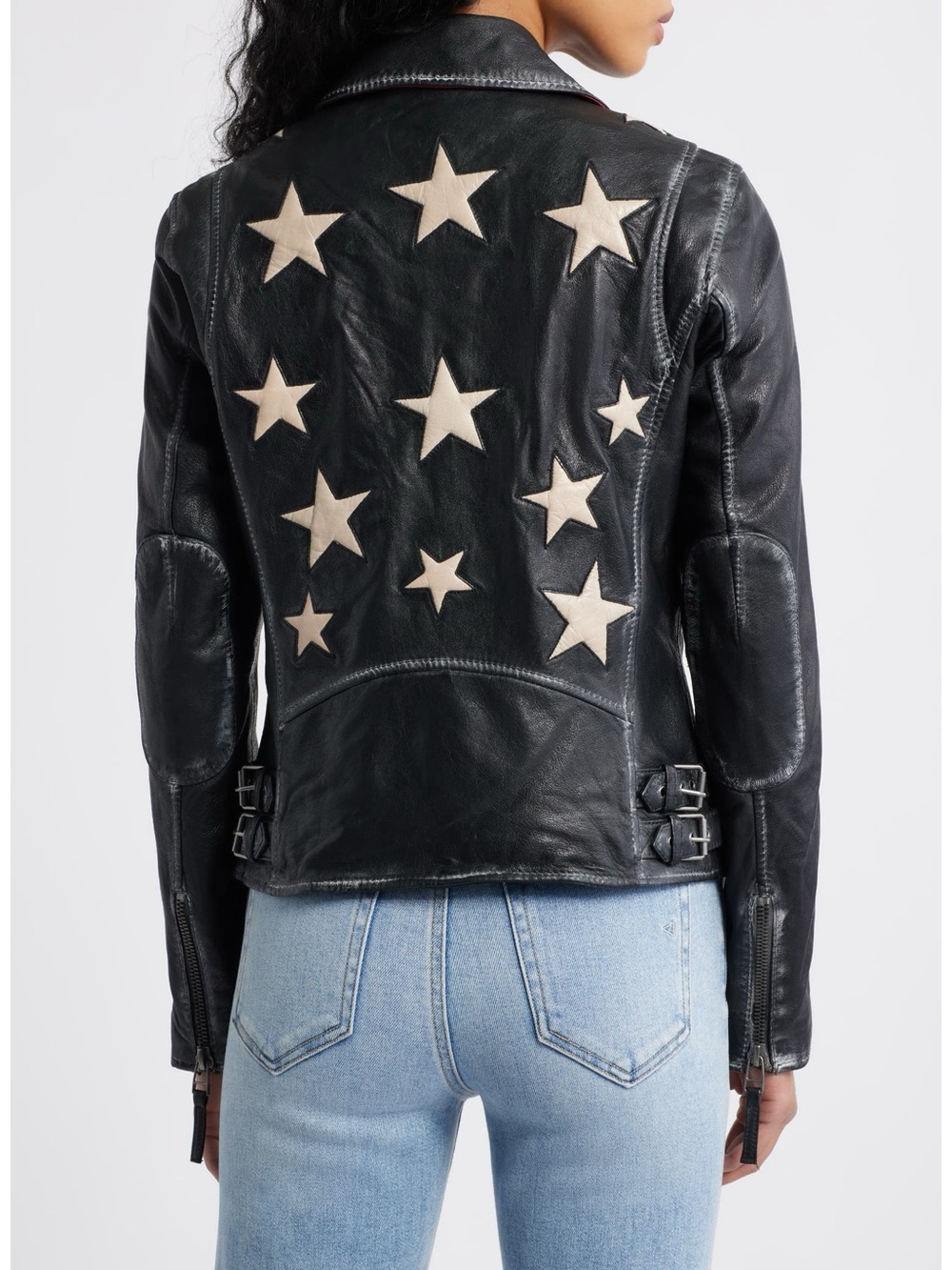 Mauritus Sz 10 Christy Genuine Lamb Leather Black Stars Patina Motorcycle Jacket